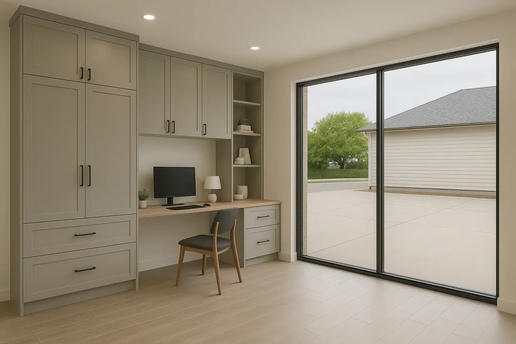 Texas garage conversion showing modern home office transformation with built-in storage and large windows in DFW home