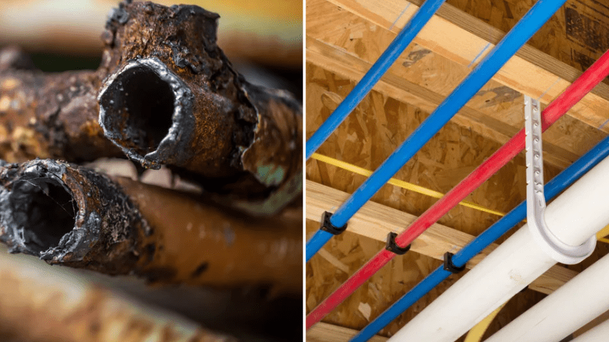 Dallas home remodeling company shows before and after galvanized pipe replacement in McKinney home renovation project