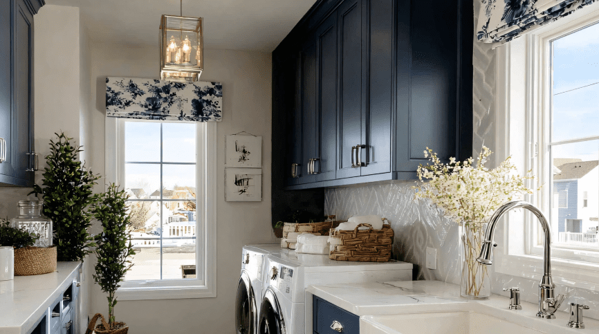 DFW laundry room renovation luxury vinyl plank flooring and tile backsplash in Plano home