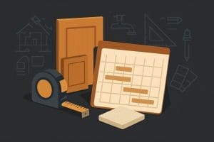 kitchen remodel timeline planning materials including cabinet sample and measuring tape