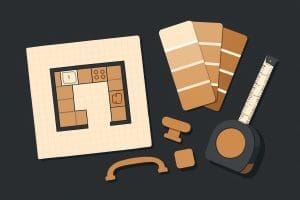 graph paper kitchen layout sketch with color swatches and hardware samples representing small kitchen remodel ideas